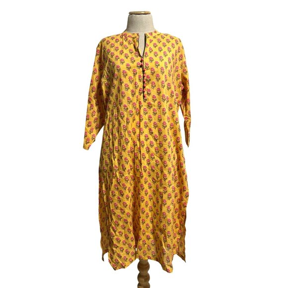 Meesan Womens Sz XL Yellow Floral Print Knee-Length Cotton Kurta With 3/4 Sleeve - Picture 10 of 10